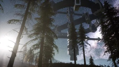 Alien Spaceship over Forest Stock Illustration