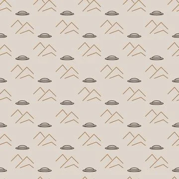 Alien Spaceship over Mountains vector UFO outline seamless pattern Stock Illustration