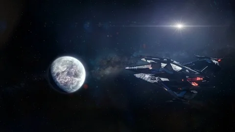 Alien Spaceship Pausing on Approach to Planet Stock Footage 91074424