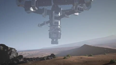 Alien spaceship rotate over desert. ufo Ilustração Stock