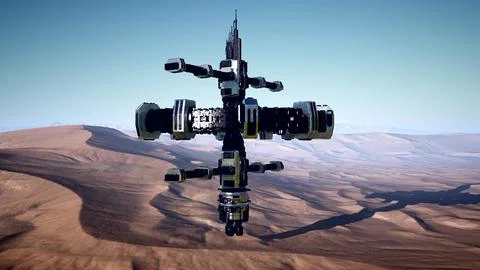 Alien spaceship rotate over desert. ufo Ilustração Stock