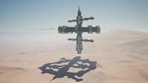 Alien spaceship rotate over desert. ufo Ilustração Stock