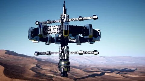 Alien spaceship rotate over desert. ufo Ilustração Stock
