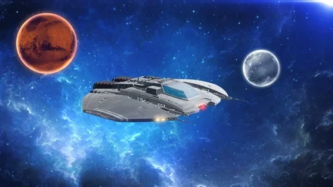 Alien spaceship, spacecraft flying in deep space with planets and stars Stock Footage 91412394