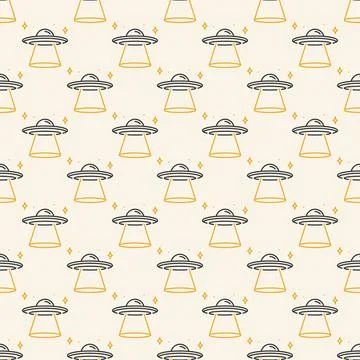 Alien Spaceship vector UFO Invasion outline colored seamless pattern Stock Illustration