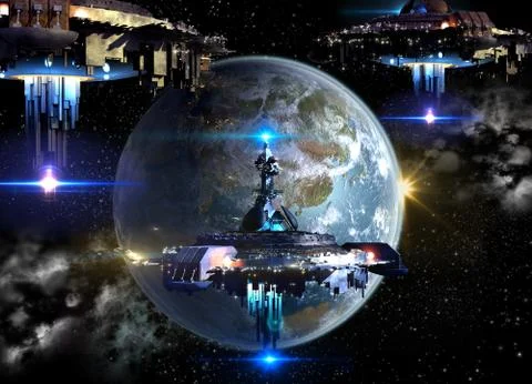 Alien spaceships invading Earth Stock Illustration