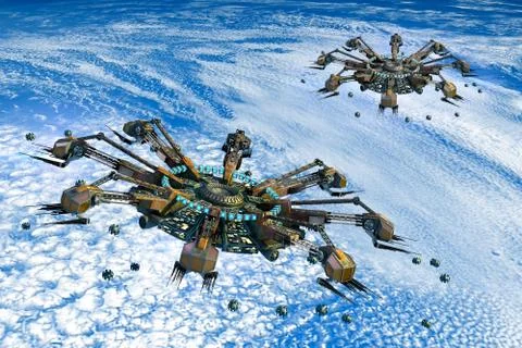 Alien spaceships invading Earth Stock Illustration