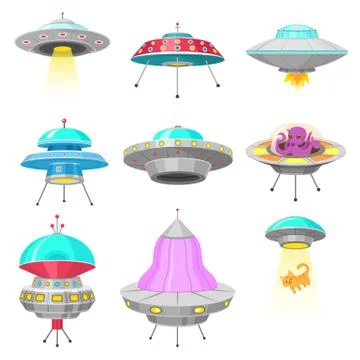 Alien spaceships, set of UFO unidentified flying object, Fantastic rockets Stock Illustration