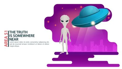 An alien stands in the background of the city next to a UFO flying saucer des Stock Illustration