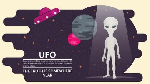 Alien stands in a beam of light on the background of planets flat vector draw Stock Illustration