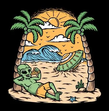 Alien stranded and stuck on the beach illustration Stock Illustration