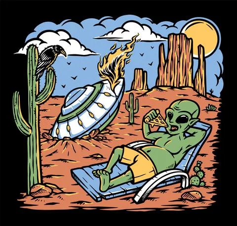 Alien stranded in the desert illustration Illustrazione stock