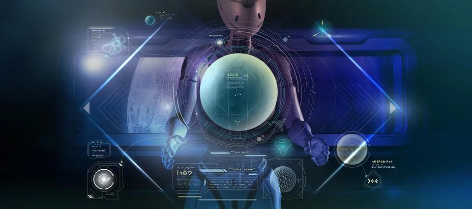 An alien is studying data on Mars. 3D render Stock Illustration