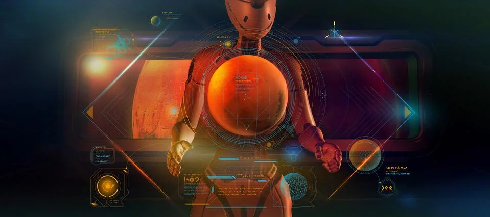 An alien is studying data on Mars. Stock Illustration