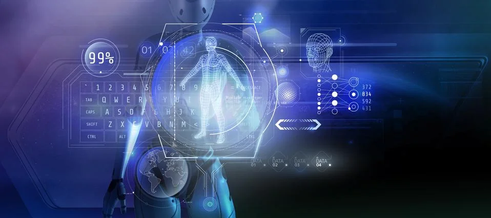 The alien is studying the data set about the man. 3D render Stock Illustration