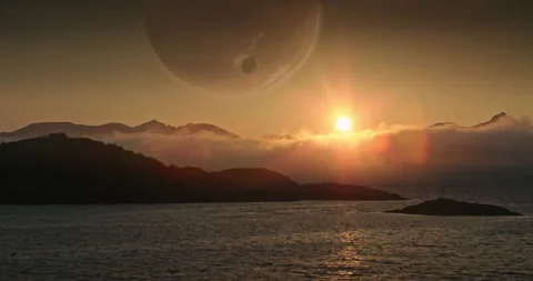 Alien sunset and island with another planet and moon in the distance Stock Footage 255686946