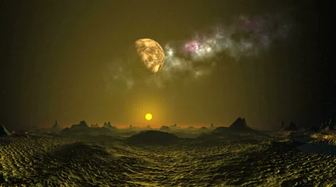 Alien sunset under the moon and nebula Stock Footage 65067503