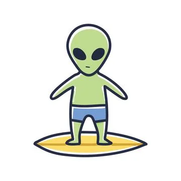 Alien surfer catching waves. An extraterrestrial being, a green humanoid, e.. Stock Illustration