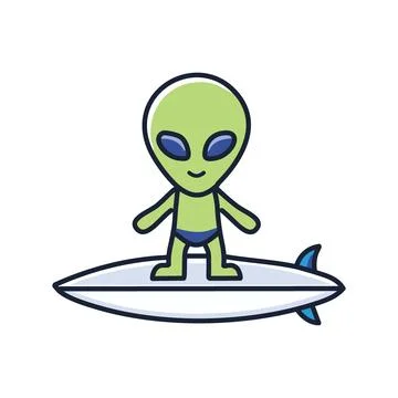 Alien surfer on waves. This fun illustration shows an extraterrestrial bein.. Stock Illustration