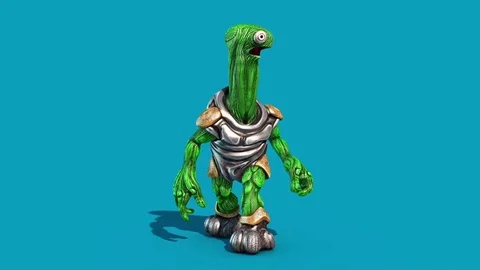 Alien Turtle Armor Look Around Blue Screen Front 3D Renderings Animations 스톡 동영상 84819843