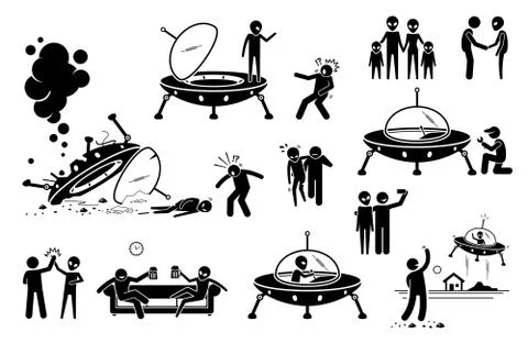 Alien UFO and human first contact and become friend. Vector illustration of a Stock Illustration