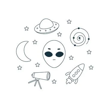 Alien ufo cosmic faces planets elements line Stock Illustration