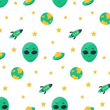 Alien ufo cosmic faces space planets elements Stock Illustration