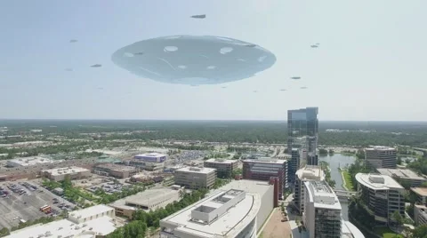 Alien UFO Flying Saucer Hovering and Attacking City Buildings Vídeos de archivo 68605403