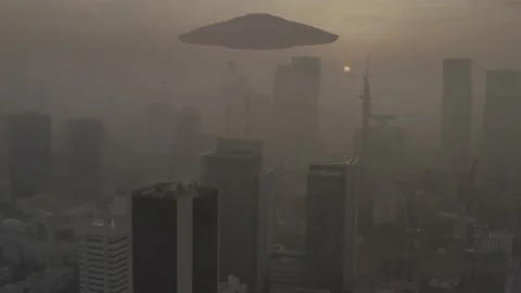 Alien ufo Inavsion over large city, aerial view Stock Footage 157234952
