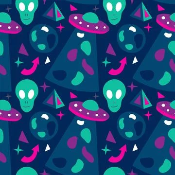 Alien UFO pattern. Space seamless pattern on a dark background. Flying saucer Illustrazione stock