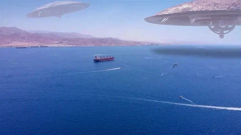 Alien ufo Saucers over Red sea with Jordan mountains, Tanker ship Stock Footage 134394692