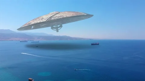 Alien ufo Saucers over Red sea with Jordan mountains, Tanker ships Stock Footage 134394802