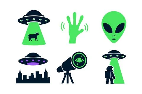 Alien UFO Set Vector Illustration: Extraterrestrial life, astronaut, telescope 库存插图