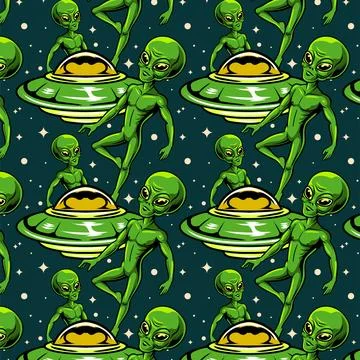 Alien UFO Space Character Seamless Pattern in Vector Cartoon Illustration Stock Illustration
