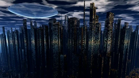 Alien UFO space ship above night city 動画素材 603655