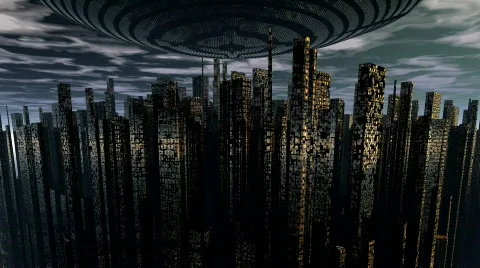 Alien UFO space ship above night city Stock Footage 605069