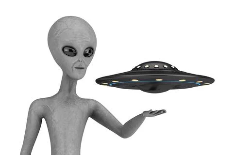 Alien UFO Spaceship or Flying Saucer over Scary Gray Humanoid Alien Hand. 3d  Ilustração Stock