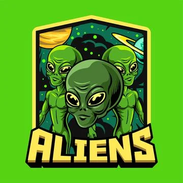 Alien UFO in Vector Cartoon Illustration Emblem Design 스톡 일러스트
