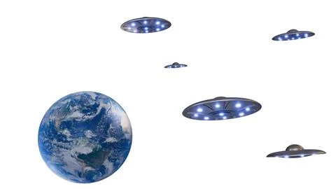 Alien UFOs Approaching Earth Sci-Fi Stock Illustration