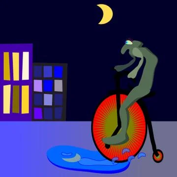 Alien on velocipede in puddle Stock Photos
