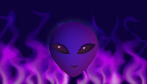 Alien violet face on purple background with fire. Stock Illustration