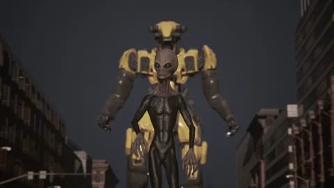 The alien walks behind the giant mech Stock Footage 287219151