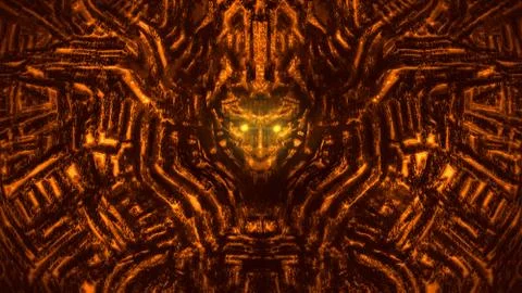 Alien wall with bas-relief and protruding robot head. Orange color. Stock Illustration