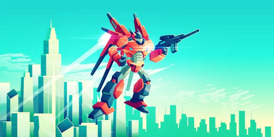 Alien warrior, armed transformer robot flying in sky under modern metropolis Illustrazione stock
