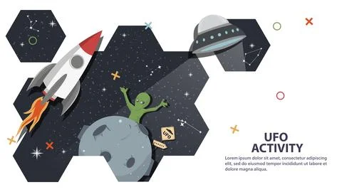 An alien waves a UFO flying by against the background of space in the form .. Stock Illustration