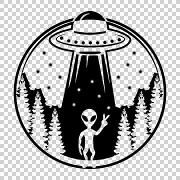 Alien Waving In Front Of Spaceship trees stars black white Stock Illustration