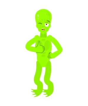 Alien winks and thumbs up. UFO emotion smiles. Space invader green cheerful Stock Illustration