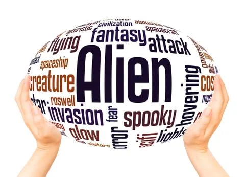 Alien word cloud hand sphere concept Stock-Fotos