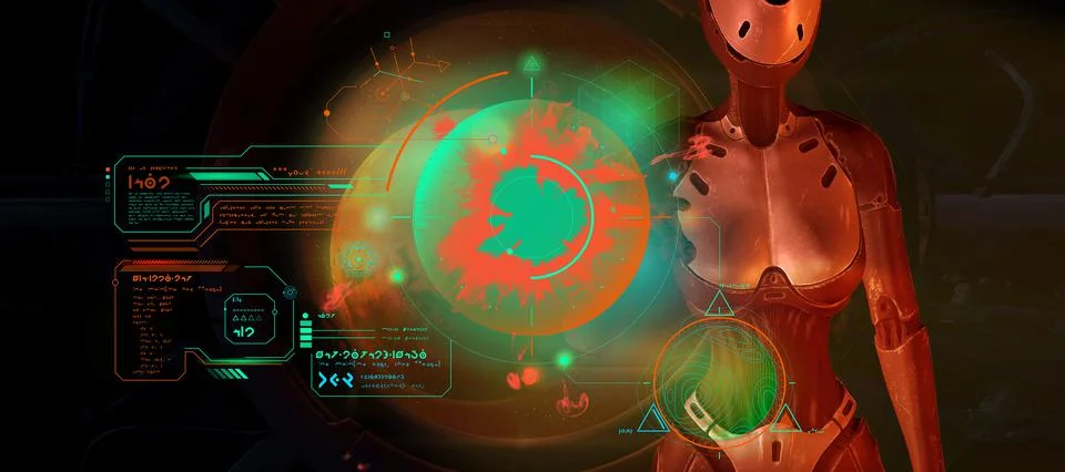 Alien is working with data in Mars orbit. Stock Illustration