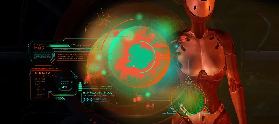 Alien is working with data in Mars orbit. 3D render Stock Illustration